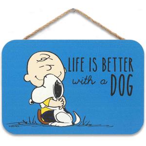 Peanuts Charlie Brown and Snoopy Life Is Better With a Dog Hanging Wood Wall Decor - Cute Snoopy Sign for Home (Blue/White)