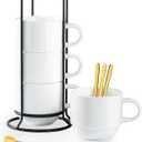 YHOSSEUN Porcelain Coffee Mug Set of 4, Stackable Coffee Mugs with Metal Stand & Spoons, 11 Oz Espresso Coffee Cups Mug Set for Americano, Chocolate Drinks, Milk, Tea, White, No Spoons