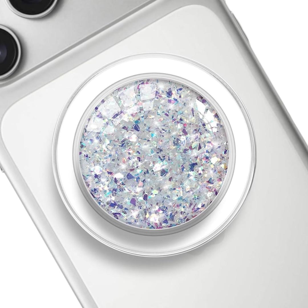 Transparent Magnetic Phone Grip Holder, Compatible for Magsafe Phone Grip, Collapsible Expandible Mobile Phone Grips Stand for iPhone 17 16 15 14 13 12 Series - Clear Crystal Purple Glitter