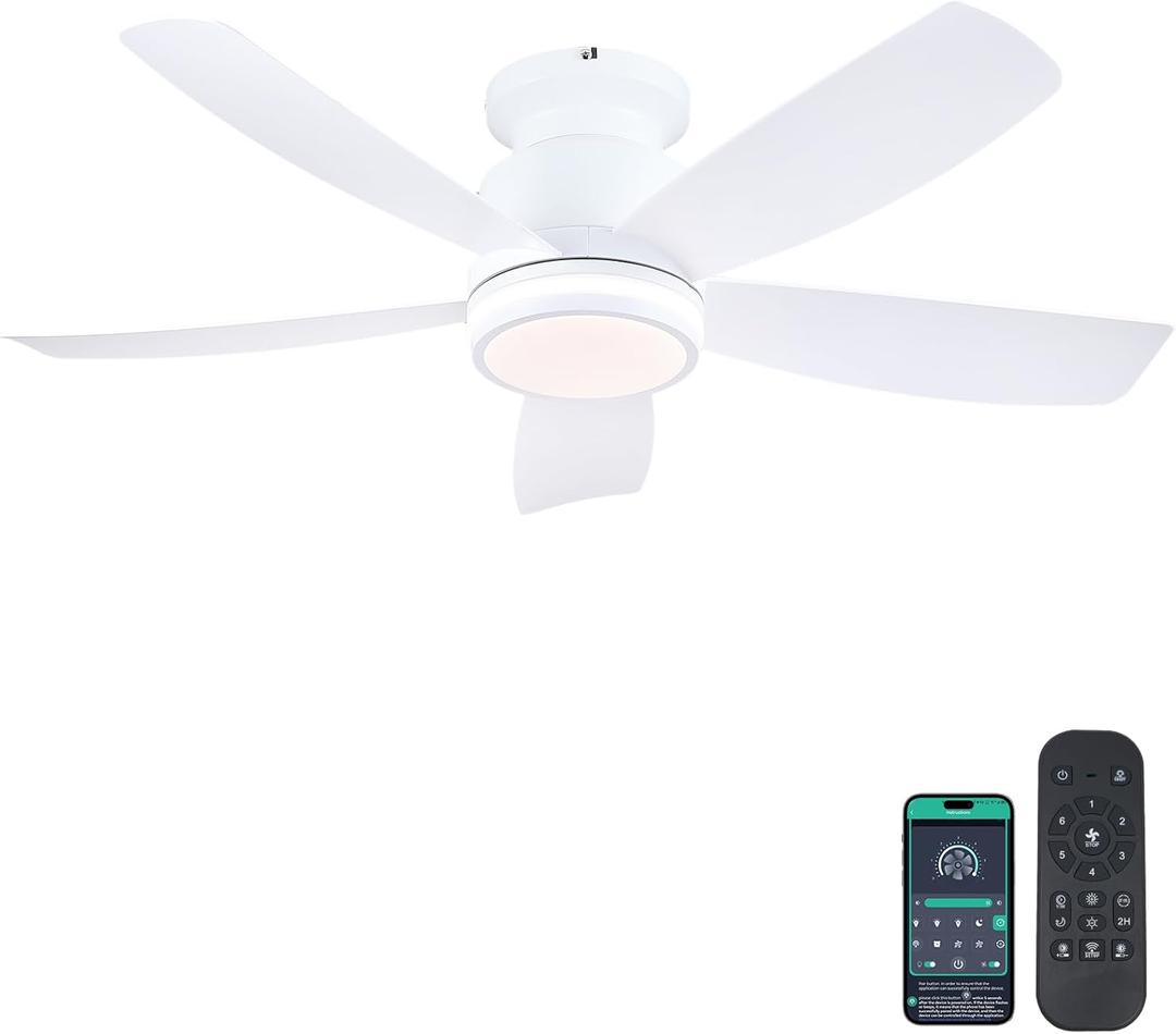 Ceiling Fans with Lights and Remote/APP Control, 41 inch Low Profile Flush Mount Ceiling Fan with Lights, LED Dimmable 5 Reversible Curved Blades 3 CCT 6 Speeds for Bedroom Living Room, White
