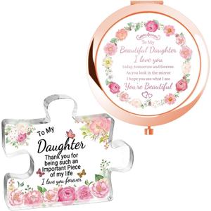 ekiinova Daughter Gifts Compact Mirror with Acrylic Puzzle Piece, Daughter Gorgeous Colorful Mirror Gift for Women Ideal Daughter Birthday Stocking Stuffers (Daughter, Rose Gold + Puzzle Piece)