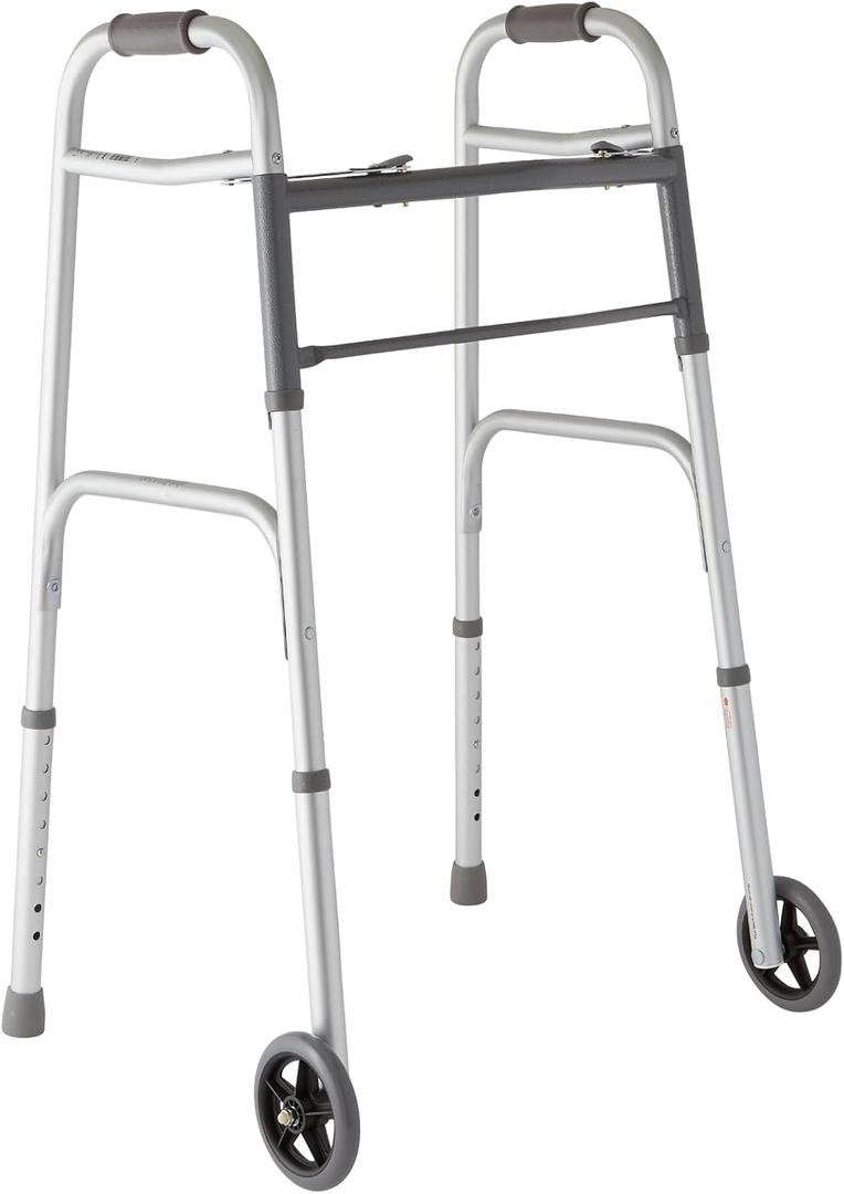 Medline Lightweight Two Button Folding Walker with 5" Wheels, Aluminum Frame Supports up to 300 lbs (1 Count (Pack of 1), Metallic)