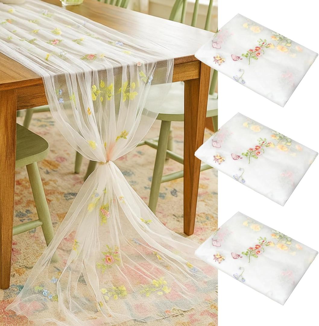 Lounsweer 3 Pcs Wildflower Table Runner 10ft/ 29 Inch x 120 Inch White Embroidery Wildflower Spring Summer Tulle Lace Runner for Table Wedding Bridal Baby Shower Holiday Dining Decor DIY