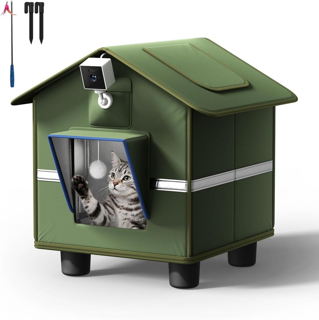 Outdoor Cat House with 2K Camera for Single Cat up to 12 lbs, Insulated Weatherproof Feral Shelter, Magnetic Door, Dual-Mount Cam, Stakes & Cat Teaser for Garage Porch Yard (Green)