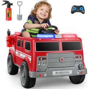 ELEMARA 12V Ride on Fire Truck, Electric Ride on Car for Kids,Battery Powered Toddler Car w/Parent Remote Control,Siren-Call,walkie-talkies, Flashing Lights,Fire Extinguishers, Bluetooth,Music,UBS.