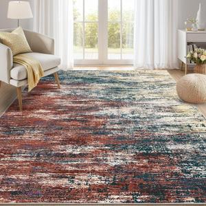 ROYHOME Modern Abstract Living Room Rug 8x10, Washable Area Rugs for Bedroom, Stain Resistant Non Slip Large Rug, Soft Indoor Carpet for Dining Room Table Home Decor, Red/Multi