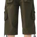 Mens Long Cargo Shorts Elastic Waist Stretch Twill Cotton 3/4 Multi Pockets Below Knee Cargo Shorts for Men (Green)