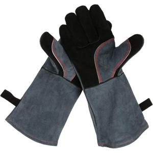 OZERO 932 Grill BBQ Gloves 16-inch Heat Resistant Leather Forge Welding Glove with Flame Retardant Long Sleeve and Insulated Lining for Men and Women Black-gray