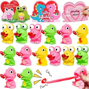 Valentines Day Gifts for Kids Teens 24 Pack Valentines Cards with Squeeze Animals Frog Dinisaur Toys Tongue Sticking Out,Sensory Fidget Toys for Boys Girls Classroom Exchange Prizes School Party Favor