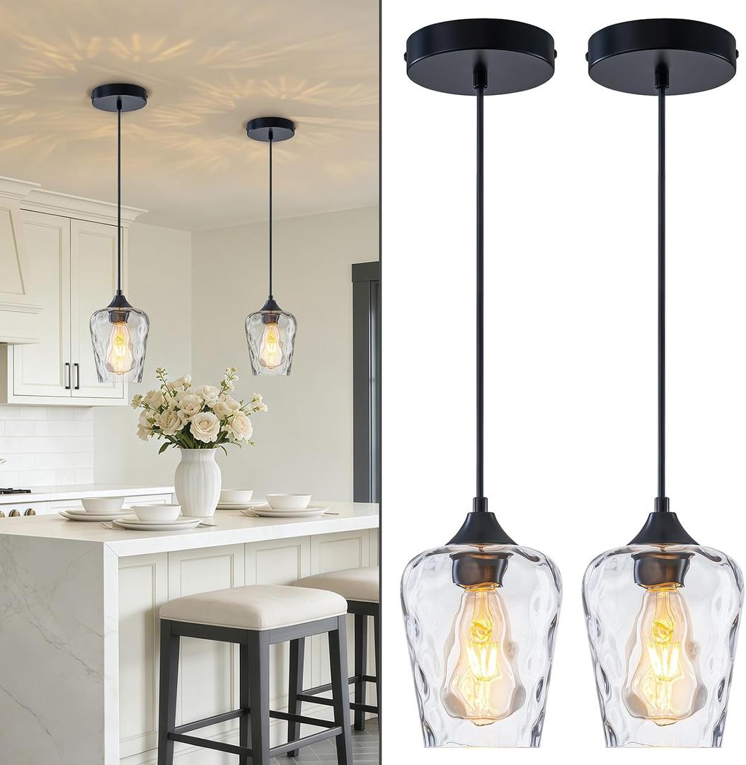 2 Pack 5.1" Mini Black Blown Glass Pendant Lights Kitchen Island Lighting, Small Kitchen Pendant Light, Kitchen Pendant Lights with Hammered Glass Shades for Dining Room Sink