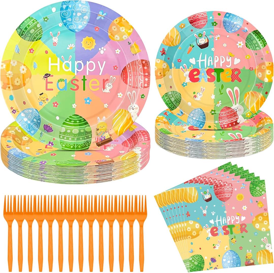 96 Pcs Easter Plates and Napkins Sets, 350GSM Easter Paper Plates, Colorful Spring Disposable Plates Napkins Forks Dinner Plates, Easter Dinnerware Tableware Party Supplies