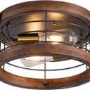Farmhouse Flush Mount Ceiling Light, 12.6 Inch 2-Light Metal and Wood Close to Ceiling Light Fixture, Rustic Drum Semi Ceiling Light for Kitchen, Dining Room, Living Room, Hallway, Entryway (Brown01)