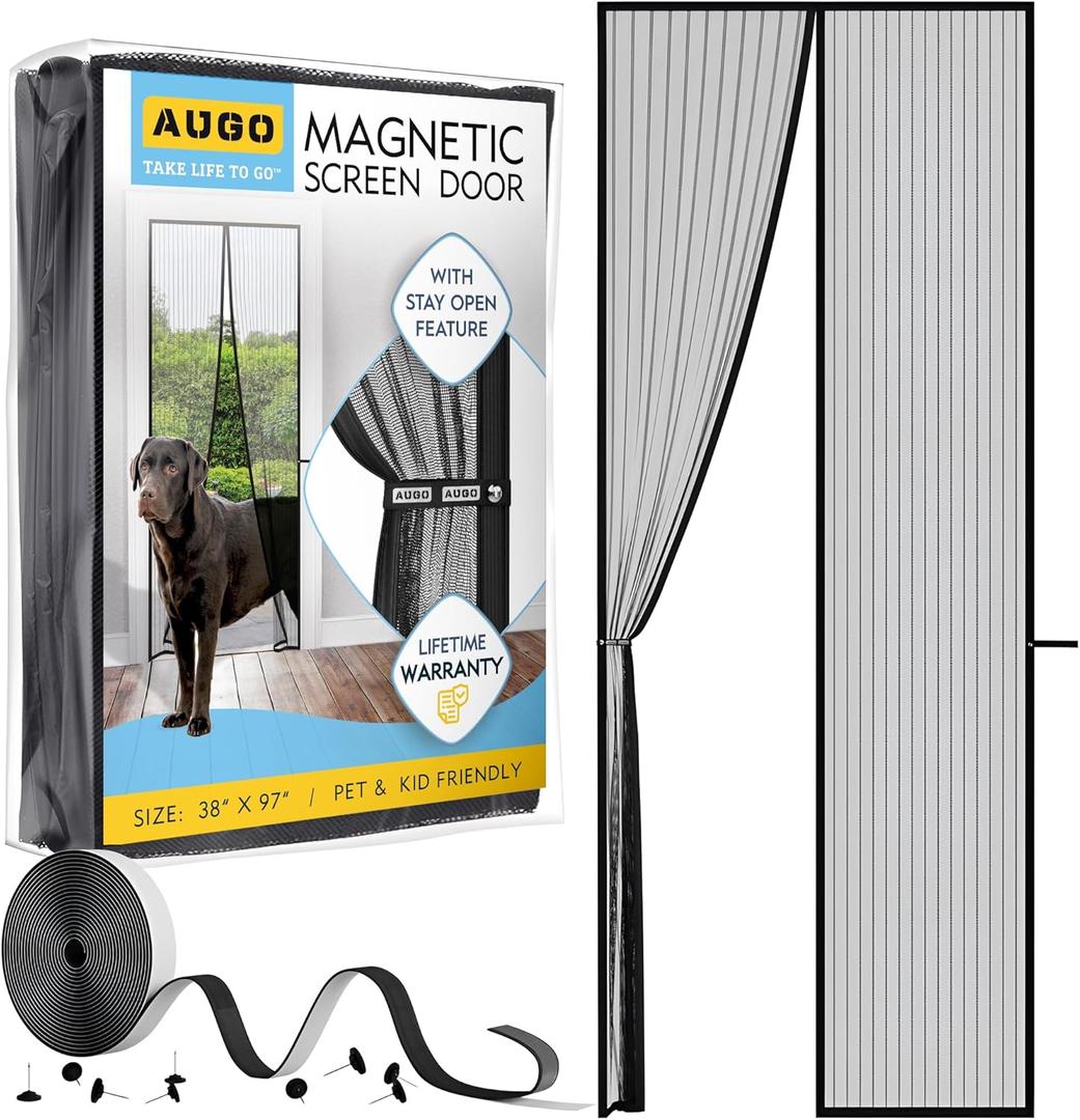 AUGO Magnetic Screen Door - Self Sealing, Heavy Duty, Hands Free Mesh Partition Keeps Bugs Out - Pet and Kid Friendly - Patent Pending Keep Open Feature - 38 Inch x 97 Inch, Black