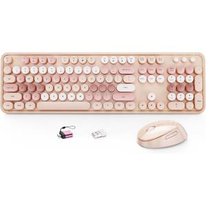 HotFox Wireless Keyboard and Mouse Combo, Full-Size Retro Typewriter Keyboard with Round Keycaps, Ergonomic Design for Windows PC, Home and Office Use -Brown