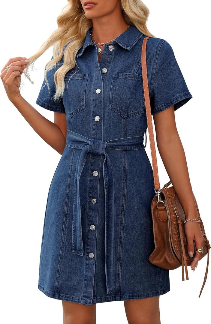 Women's Denim Dress Short Sleeve Jean Dress Denim Shirt Dresses Western Cowgirl Country Outfits with Pocket 2026 (Blue, Small)