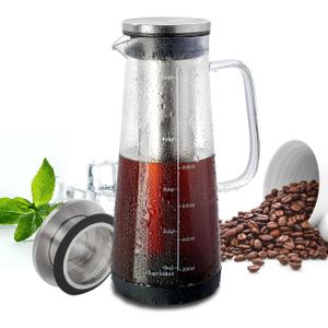 LHS Cold Brew Coffee Maker 2 in 1 Iced Coffee Maker, Glass Pitcher with Lid- 1.2Liter / 40oz, Stainless Steel Filter Removable and BPA-Free Glass Carafe for Iced Coffee, Cold Brew Tea, Juice