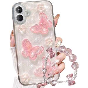 Changjia for iPhone 16 Plus Glitter Butterfly Case,Cute 3D Flower Floral Crystal Pearl Bling Sparkle with Wrist Strap Chain Soft TPU Aesthetic Women Girls Protective Case for iPhone 16 Plus 6.7", Pink