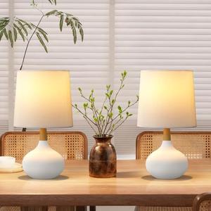 HIGHTRY 14" Small Ceramic Table Lamp Set of 2, Bedside Lamp for Living Room with Natural Wood Stem & Linen Shade for Home Decor, Modern Farmhouse End Table Lamp for Nightstand, Bedroom & Office(White)