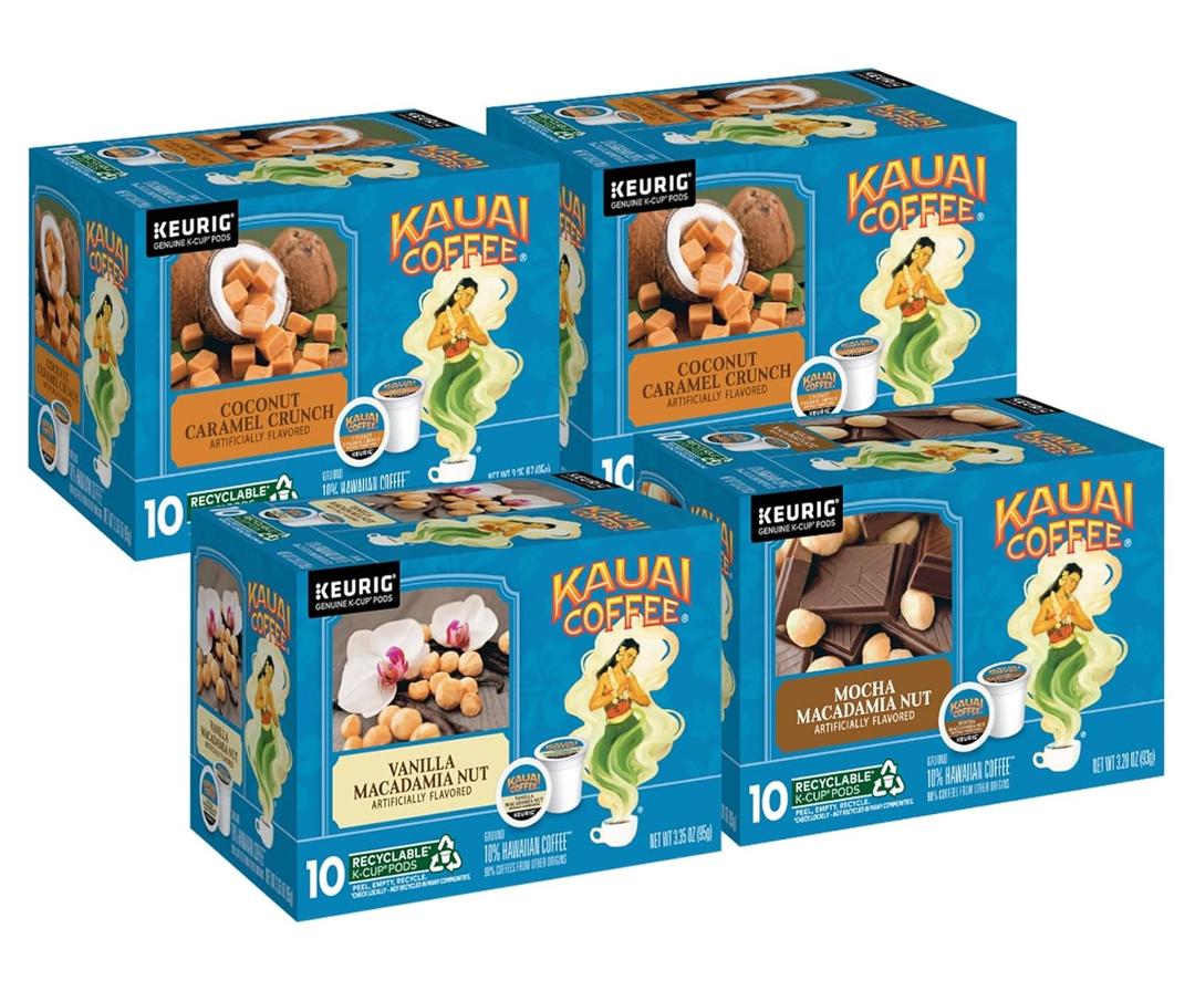 Kauai Coffee K-Cup Pods for Keurig Brewers  Arabica Coffee, 10% Hawaiian  Medium Roast, Rich, Smooth, No Bitterness  Three Flavors, 4 Packs of 10 Single Serve K-Cups