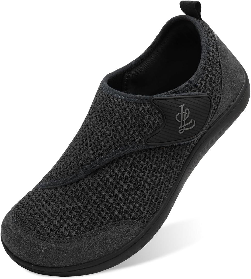 LeIsfIt Mens Wide Diabetic Shoes Adjustable Barefoot Walking Shoes Breathable Zero Drop Sneakers for Wide Width Arthritis Edema Feet (Black) 45/12