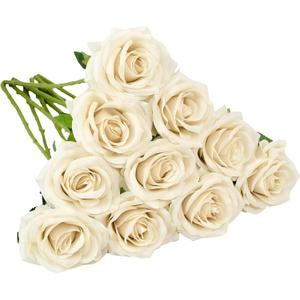 Artificial Rose 10pcs Open Flower Bouquet Faux Rose Stems for Wedding Arrangement, Bridal Bouquet, Centerpiece, Fake Faux Silk Flowers (Beige)