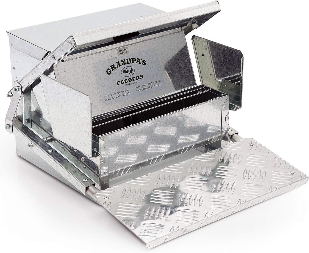 Grandpas Feeders Automatic Chicken Feeder for Large Size for 6 to 12 Chickens - Long-Lasting Galvanized Steel - Zero Waste Poultry Feeder, Spill Proof with Weatherproof Lid 10 Days (40lb Feed) (Silver)