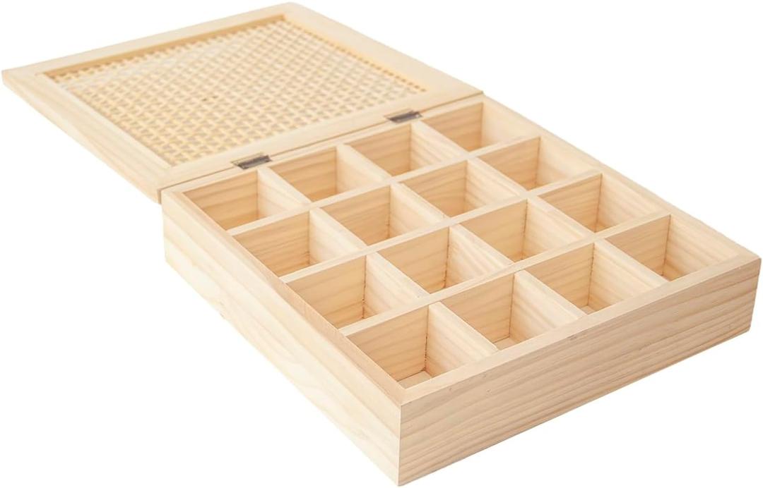 Unfinished Wooden Box with 8 Compartments for Crafts, Organizing, Storage and DIY, Unpainted Wooden Storage Box 13" x 13" x 3" in (16 Compartments)