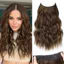 KooKaStyle Invisible Wire Hair Extensions with Transparent Headband Adjustable Size 4 Secure Clips Long Wavy Secret Wire Hairpiece for Women (16 Inch, Chestnut Brown)