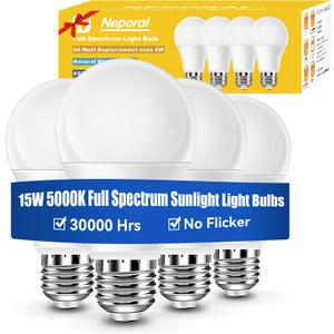 Upgraded 15W Full Spectrum Light Bulb for Home, 5000K UV-Free Natural Sunlight Bulbs, 15W 100W Equivalent LED Light Bulb, CRI 90+, No Flicker,1200Lumen Sunlight Lamp for Office&Indoor Use, 4PK