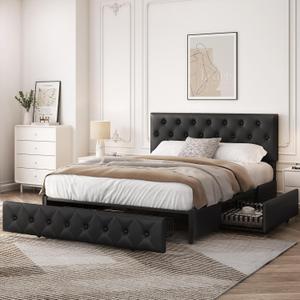Yaheetech Queen Bed Frame Upholstered Bed Frame with Adjustable Diamond Button-Tufted Headboard/3 Drawers Storage, Queen Platform Bed/Strong Wooden Slats, Black Queen Bed