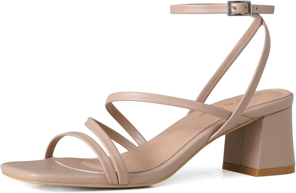 Shoe'N Tale Strappy Heels for Women Low Chunky Block Heel Dress Shoes Square Open Toe Ankle Strap Heeled Sandals 8.5