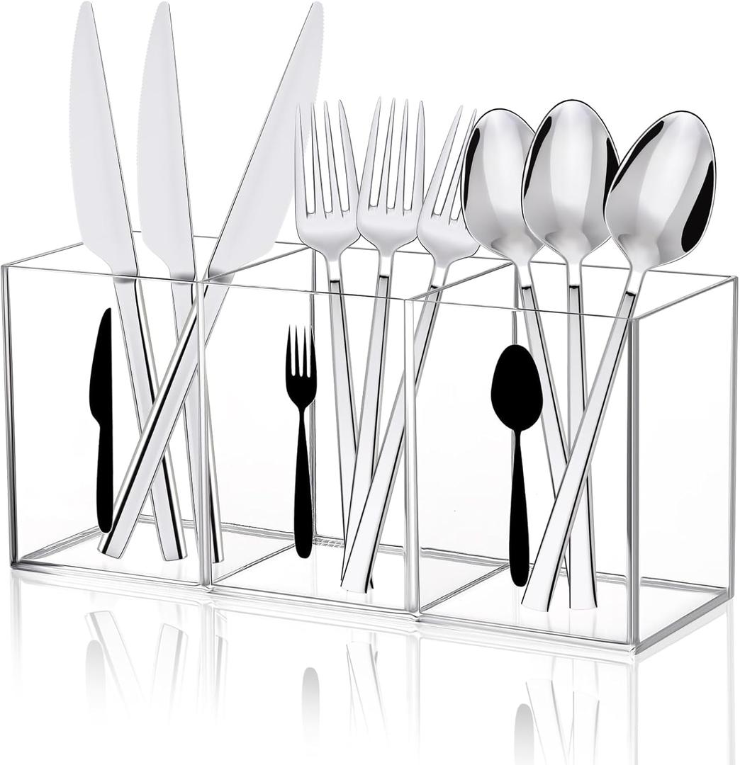 Acrylic Cutlery Storage Organizer Bin Clear Acrylic Silverware Caddy Utensil Holder 3 Compartment Cutlery Caddy Plastic Tableware Silverware Holder for Countertop Kitchen Party Buffet Picnic