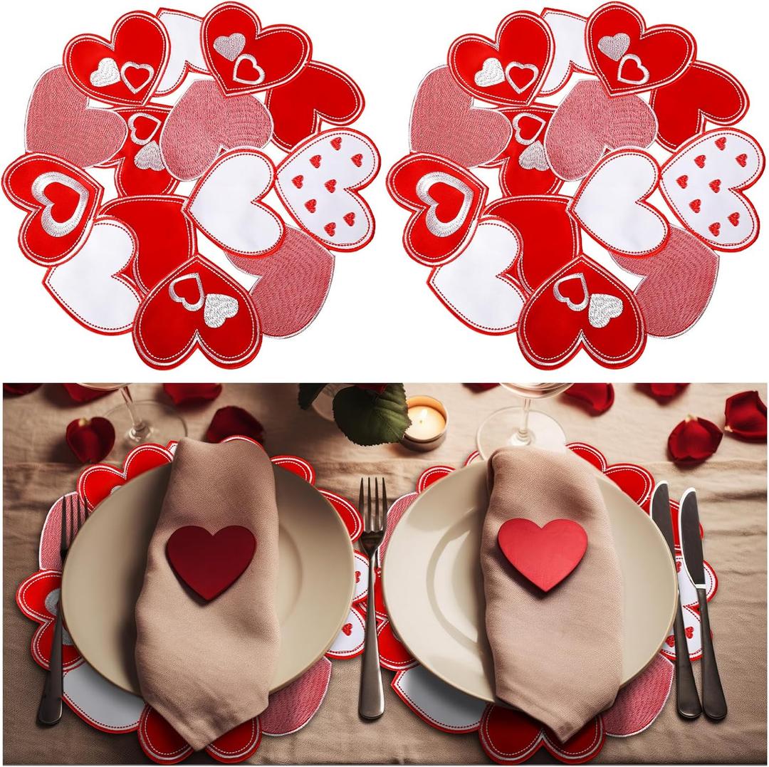 WovWeave 4 Pcs Valentines Day Round Placemat Embroidered Love Heart Table Placemat Romantic Table Centerpieces for February 14th Wedding Anniversary Dining Party Decoration, 15 x 15 Inch