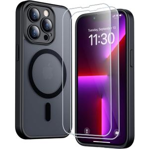 SPIDERCASE for iPhone 13 Pro Case, Magnetic Translucent Matte Case with 2PCS Tempered Glass Screen Protector Slim Phone Case for iPhone 13 Pro 6.1'', Black