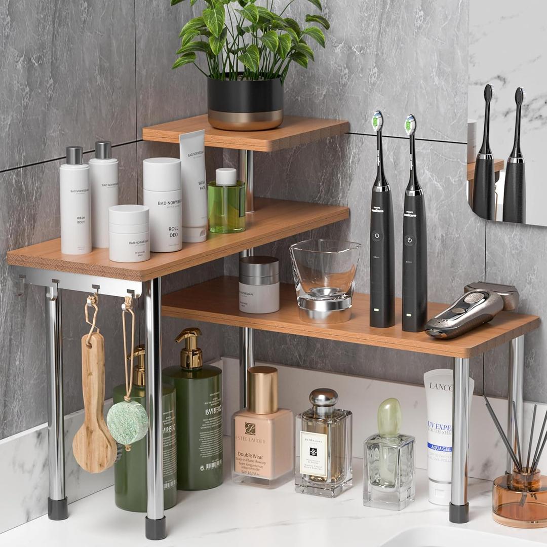 ZHWS Bathroom Counter Organizer Corner Countertop Shelf Adjustable 3 Tier Corner Shelf Kitchen Counter Organizer with 4 Metal Hooks for Bathroom Counter, Makeups, Dresser Table, Over Sink (16.9x16.9x15.3, Light Walnut)