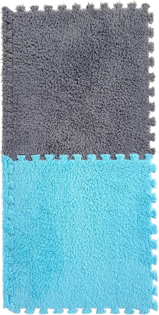 16 Pcs EVA Foam Square Interlocking Plush Carpet Tiles - 12"x12", 16Sq,Ft Children Exercise Crawling Play Mat Protective Floor Tiles Soft Shaggy Area Rugs for Kids Room, Parlor, Bedroom(Grey+Blue)