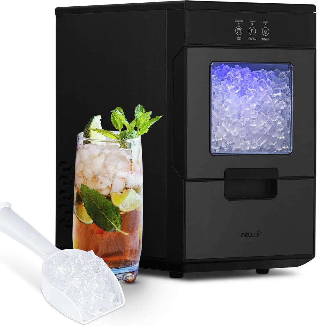 Newair Nugget Ice Maker Countertop - 44lbs/Day, Countertop Sonic Ice Machine, Self-Cleaning & Refillable Water Tank, Pebble Ice Maker, Ideal for Home Office, Kitchen or Bar | Black Stainless Steel