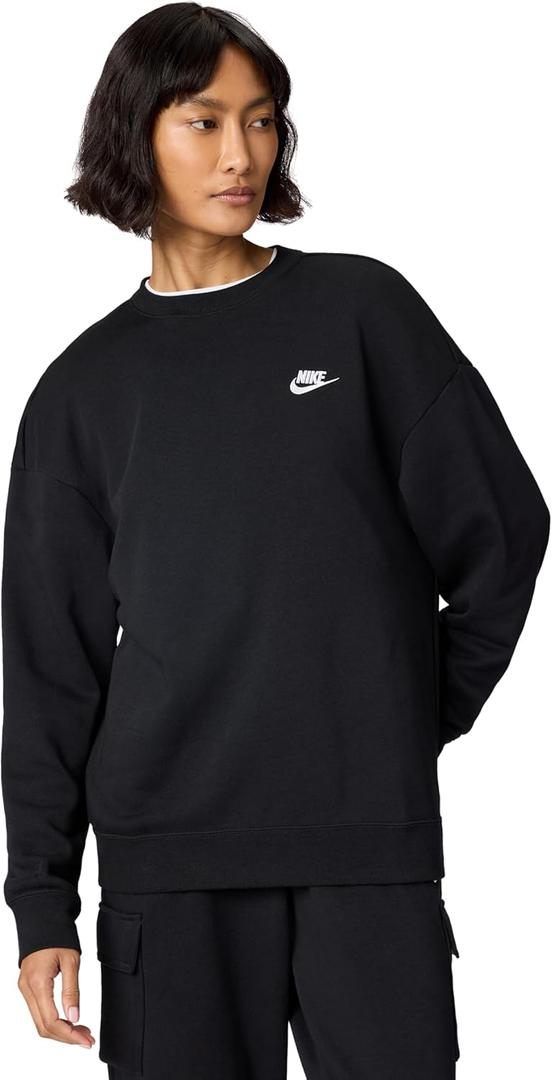Nike Women's Sportswear Club Fleece Loose Crew-Neck Sweatshirt (Medium, Black/White)
