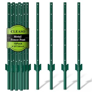 10 Pack Metal Fence Posts, 3ft Heavy Duty U-Post, Green Garden Stakes, No-Dig Post Anchors for Wire Fences, Temporary Fencing, Electric Fence, and Corner Support