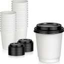[50 Pack] Disposable Coffee Cups with Lids - 8 oz White Double Wall Insulated Coffee Cups with Black Dome Lid - Kraft Reusable Coffee Cups with Lids - To Go Chocolate, Tea, and Cocoa Drinks Hot Cups