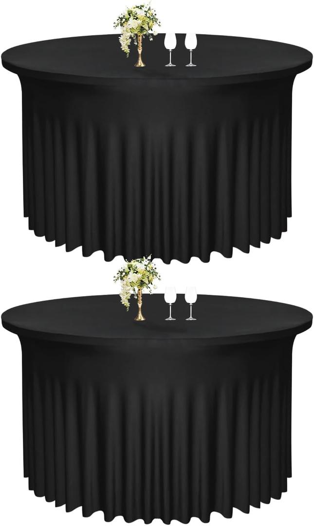 Black Round Spandex Tablecloths | 2-Pack for 60" Diameter x 30" Drop | Polyester Stretch with Skirt | Stain & Wrinkle Resistant | Ideal for Weddings, Parties & Banquets
