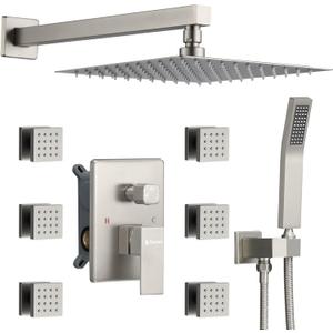 DASAN Full Body Shower System with 6 PCS Body Spray Jets & 12'' Rain Overhead Shower & Handheld, In-Wall Rain Shower System Brushed Nickel Shower Faucets Sets Complete with Valve, SA-SS03ABN-S12W
