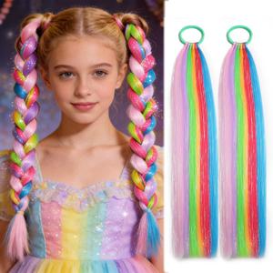 Colorful Hair Extensions for Braids Ponytail Extension 2 Packs, 20 inch Crazy Hair Day Accessories for Women, DIY Festival Wacky Rave Braids,Tinsel Mixed