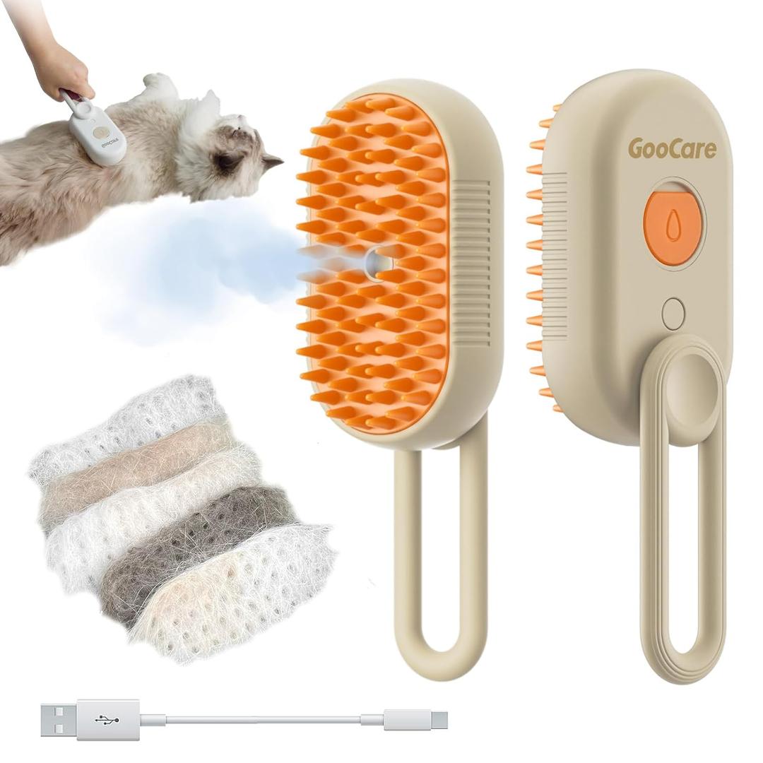 2nd Generation 3-in-1 Cat Steam Brush for Shedding, Pet Hair Removal Comb with Water Tank, Spray Cat Brush for Pet Grooming, Steamy Comb for indoor Haired Cats, Dogs and Rabbits (Khaqi)