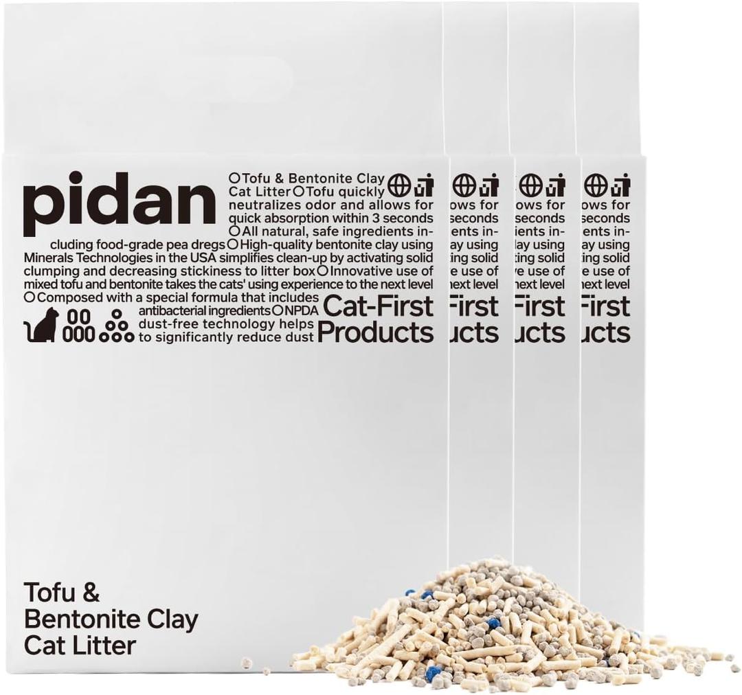 pidan Mix Cat Litter,Tofu Cat Litter with Bentonite 70%:30%,Absorbent and Fast Drying,Flushable Tofu Litter,Selected Quality Pea Dregs,5-Fold Water Absorption,Strong Clumping(5.3lb4bags)