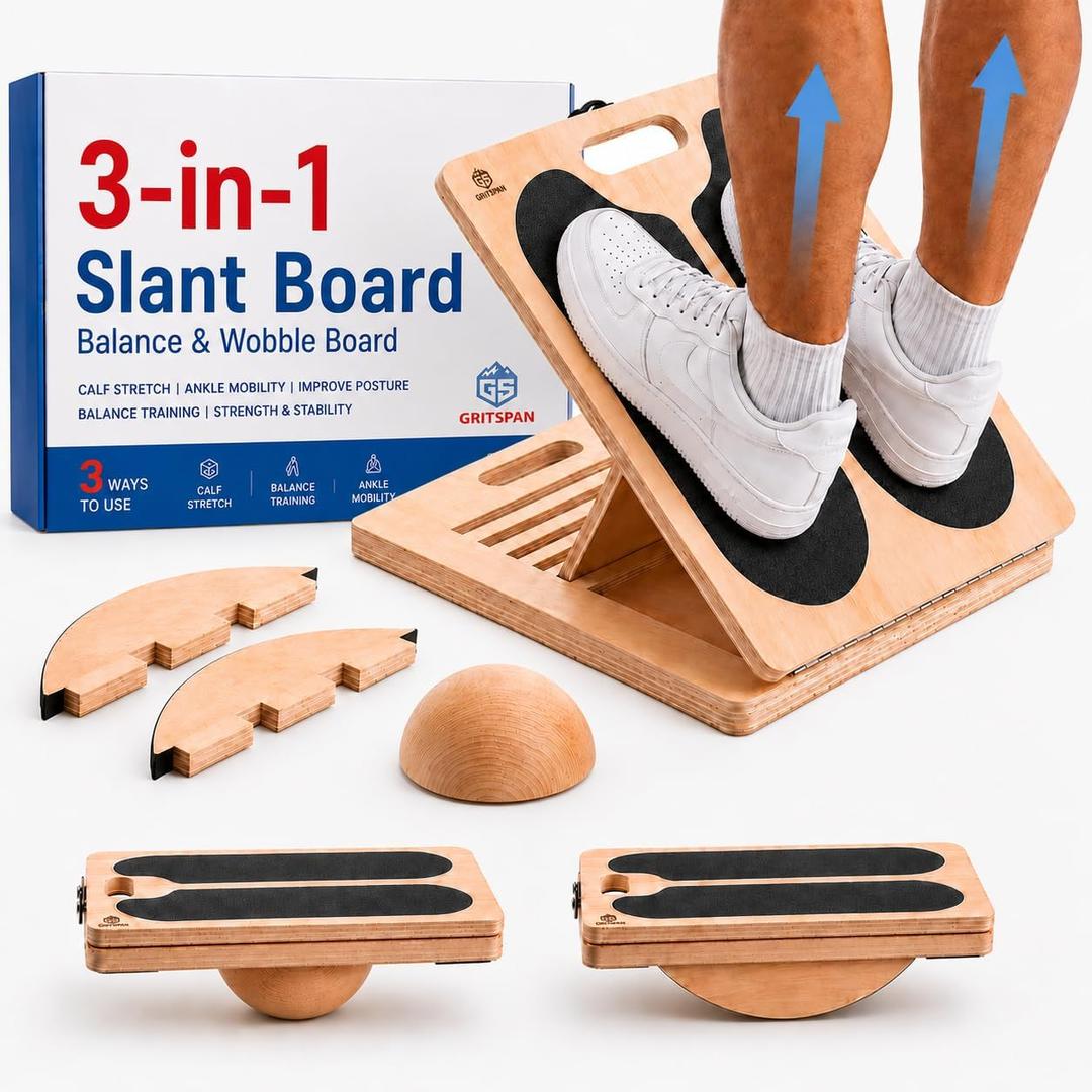 Slant Board for Exercise, 3-in-1 Wooden Calf Stretcher, Rocker Balance Board and 360 Wobble Board, 5 Adjustable  Angles, Anti-Slip Surface, Training Poster Included, Size: Standard