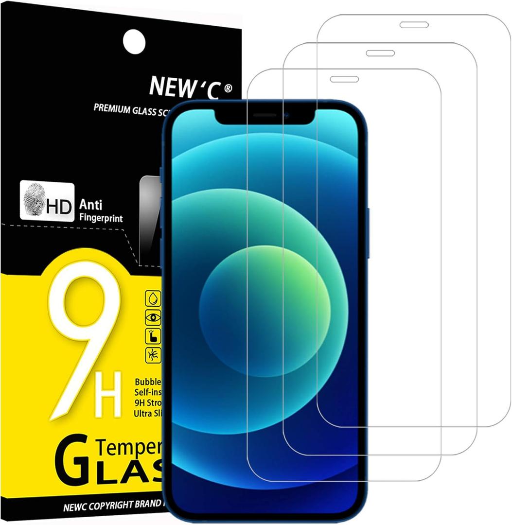 NEW'C 3 Pack Designed for iPhone 12,iPhone 12 Pro Screen Protector (6.1"), Tempered Glass, Case Friendly Bubble Free Ultra Resistant (Transparent)