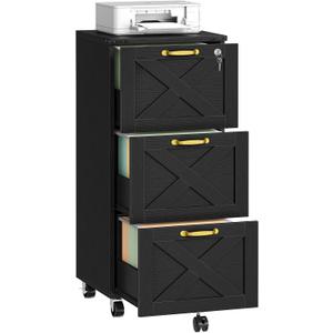 HOOBRO 3 Drawer File Cabinet with Lock, Mobile Filing Cabinet for Home Office, Wooden Farmhouse Office Storage Cabinet, Printer Stand Fits Letter and A4 Size, Black BK93WJ01, 15.7"L x 15.7"W x 37"H
