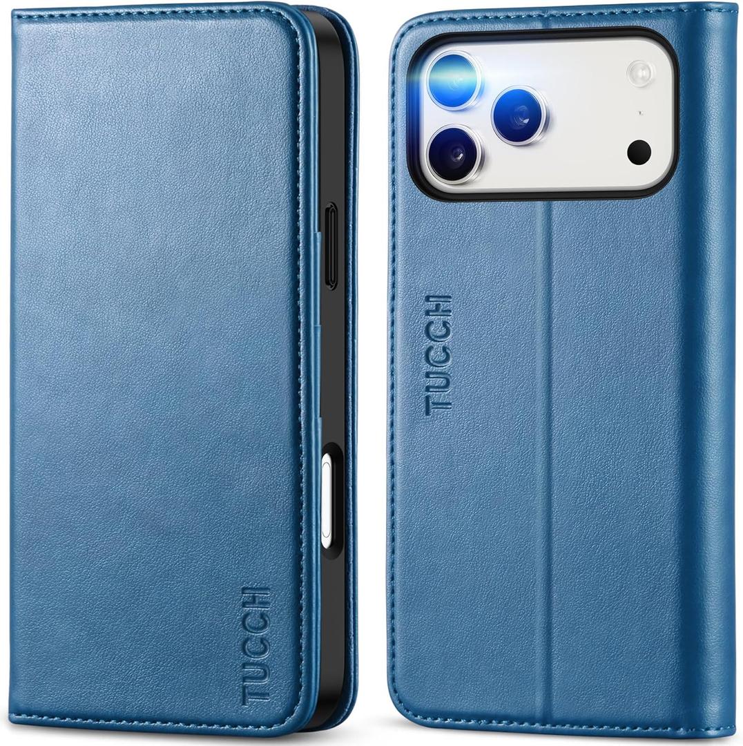 TUCCH Wallet Case for iPhone 17 Pro Max (6.9-Inch) 2025, 3 Credit Card Slot | RFID Blocking | Stand | PU Leather | Shockproof TPU Interior Shell | Protective Flip Folio Cover | Lake Blue