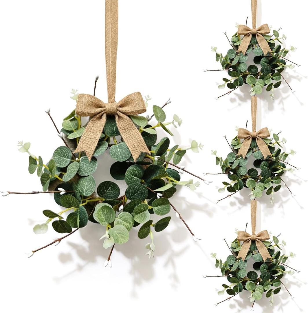 4 Pcs Small Eucalyptus Hanging Wreaths for Cabinets Artificial Greenery Mini Candle Ring Wreath with White Bud Stems and Linen Ribbon for Home Kitchen Front Door Window Wall Wedding Farmhouse Decor